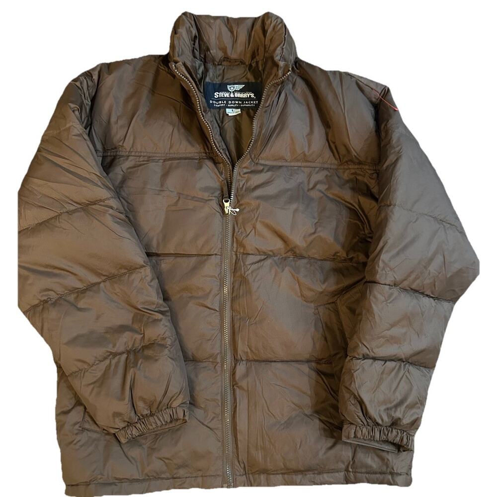 Steve and Barrys Double Down Mens Large Jacket Puffer Brown Winter Coat Feathers